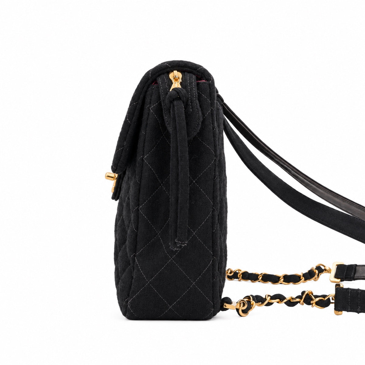 CHANEL Vintage Black Quilted Cotton Double CC Turnlock Backpack [Used]