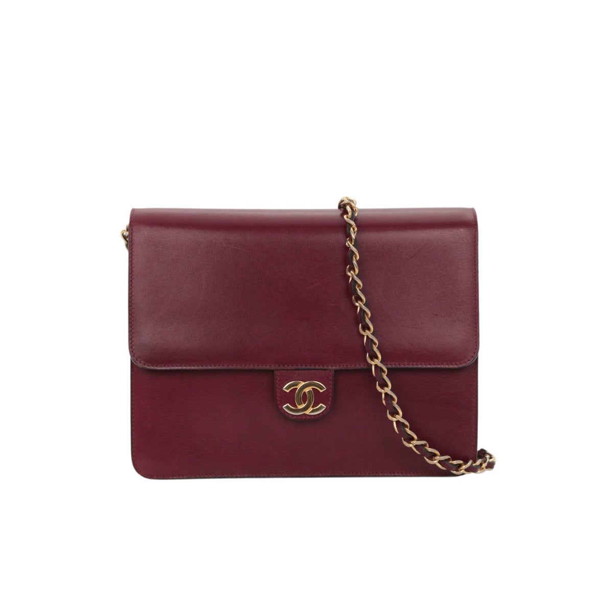 CHANEL Vintage Burgundy Box Calfskin Leather CC Chain Shoulder Bag [Used]
