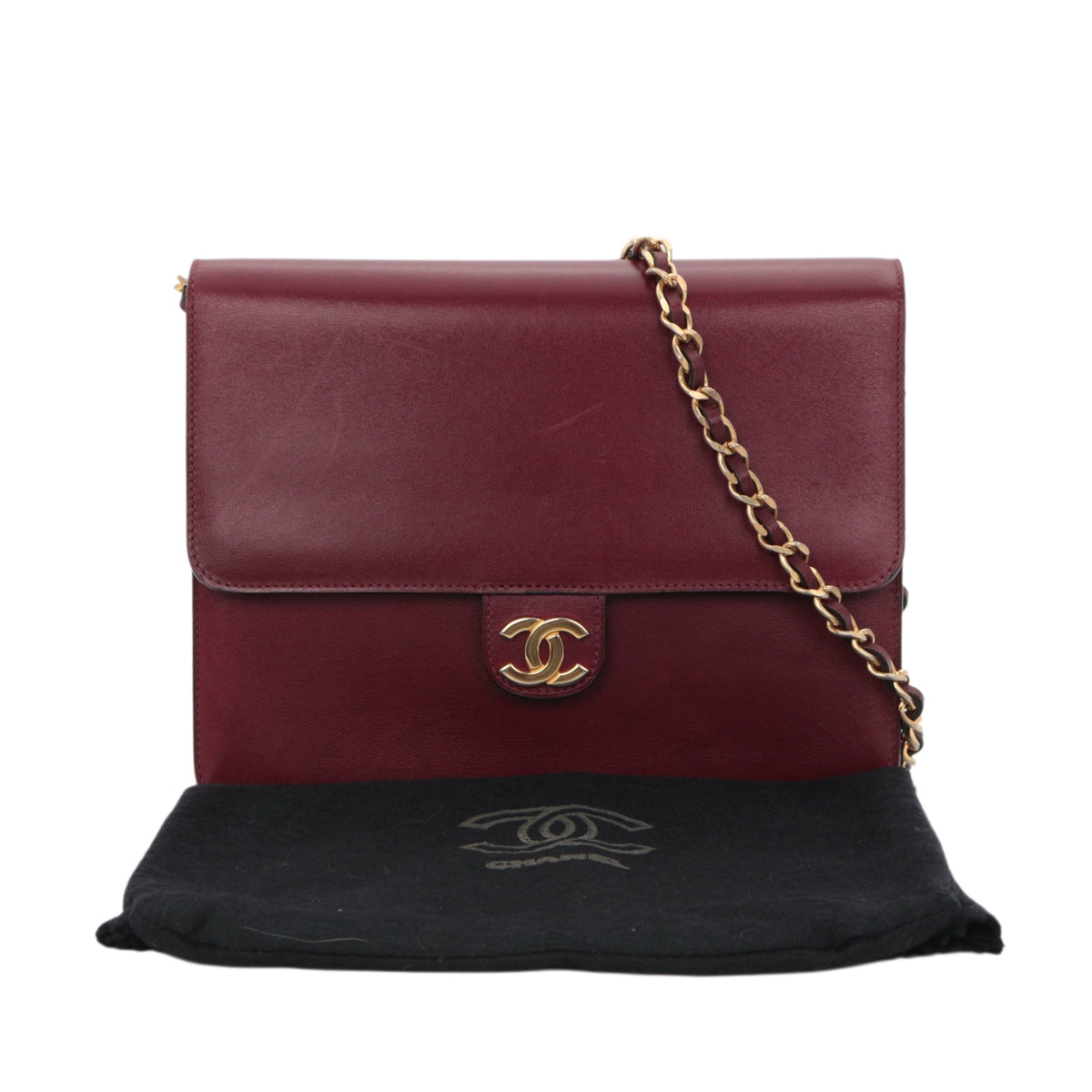 CHANEL Vintage Burgundy Box Calfskin Leather CC Chain Shoulder Bag [Used]