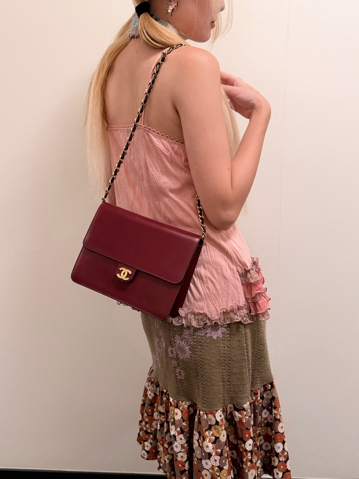CHANEL Vintage Burgundy Box Calfskin Leather CC Chain Shoulder Bag [Used]