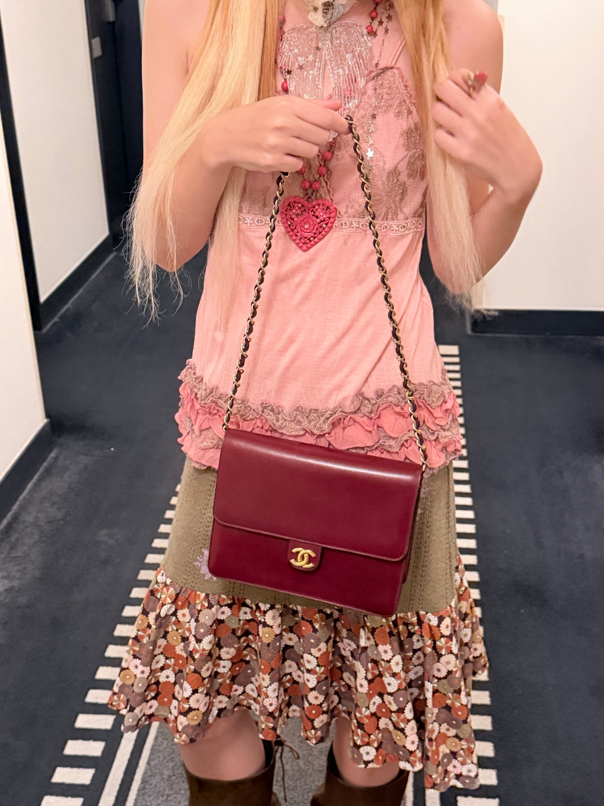 CHANEL Vintage Burgundy Box Calfskin Leather CC Chain Shoulder Bag [Used]