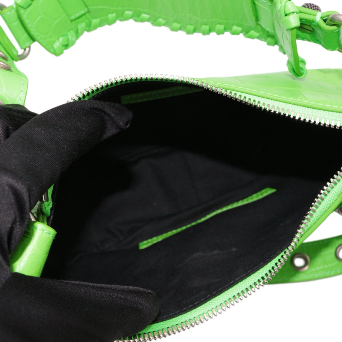 BALENCIAGA Acid Green Croc-Embossed Leather Le Cagole XS Shoulder Bag [Used]