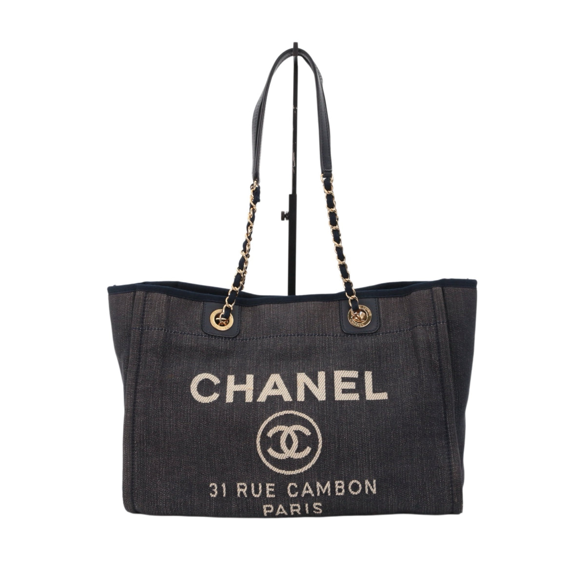 CHANEL Navy Blue Denim 31 Rue Cambon Logo Tote Bag [Used]