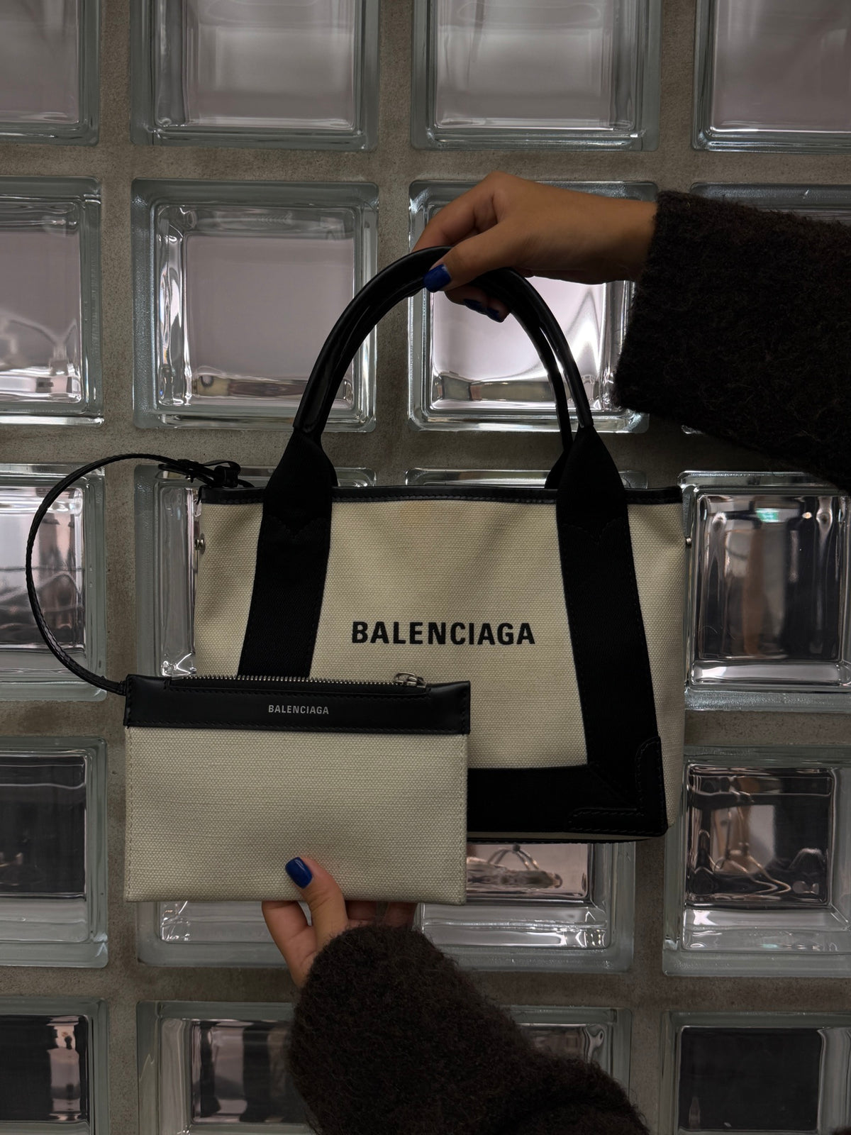BALENCIAGA Black & White Canvas Navy Cabas XS Tote Bag [Used]