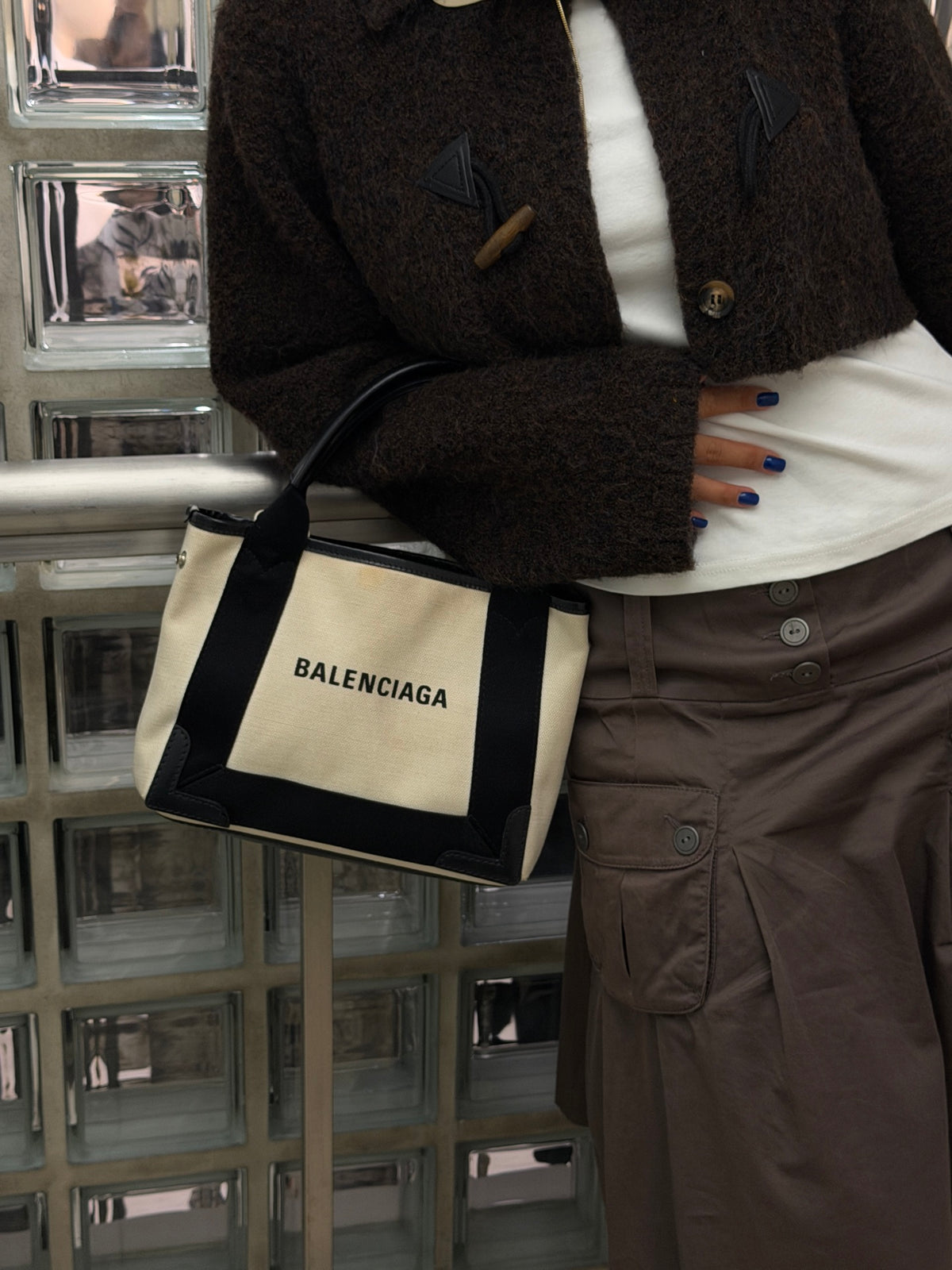 BALENCIAGA Black & White Canvas Navy Cabas XS Tote Bag [Used]