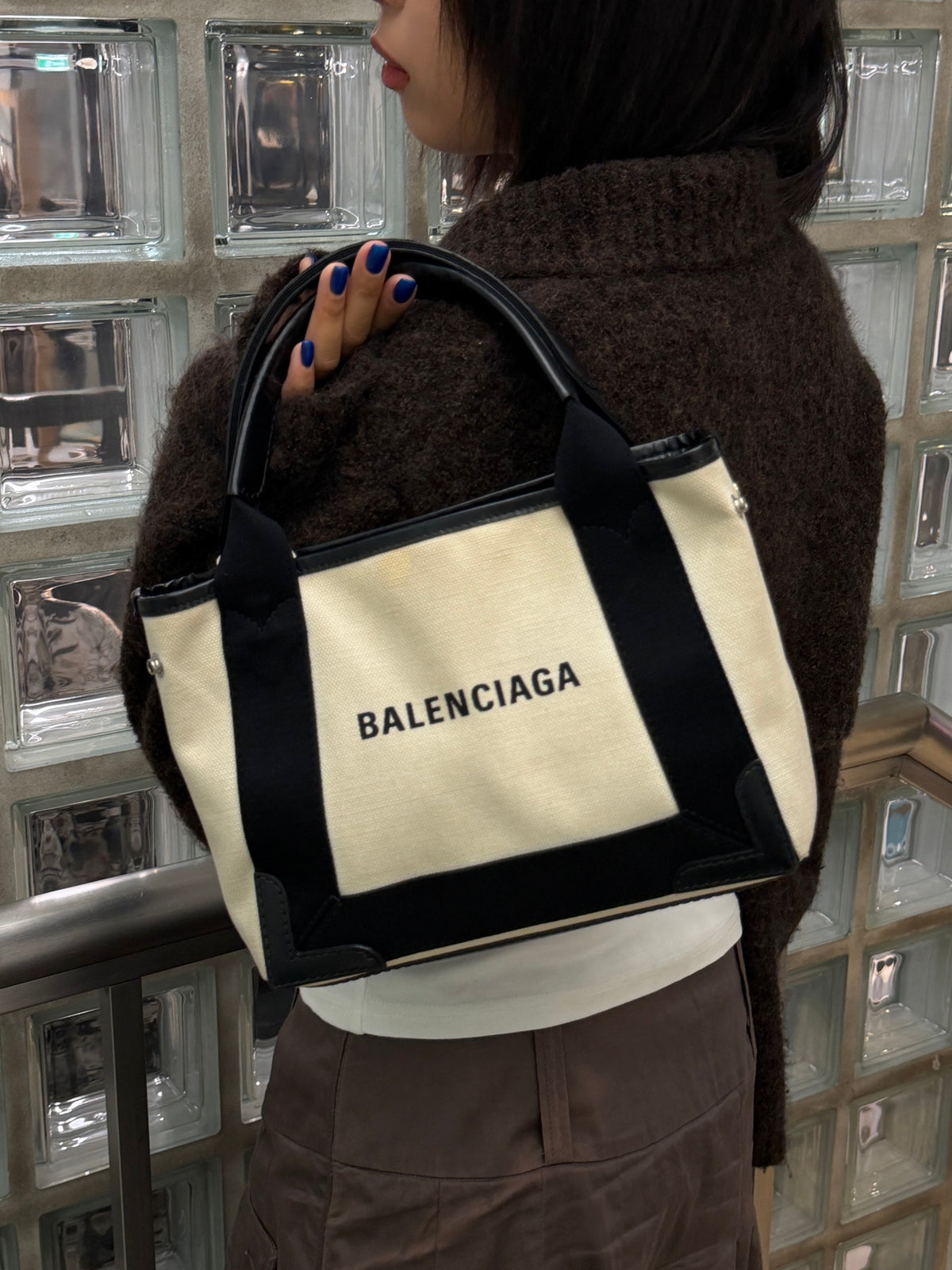 BALENCIAGA Black & White Canvas Navy Cabas XS Tote Bag [Used]