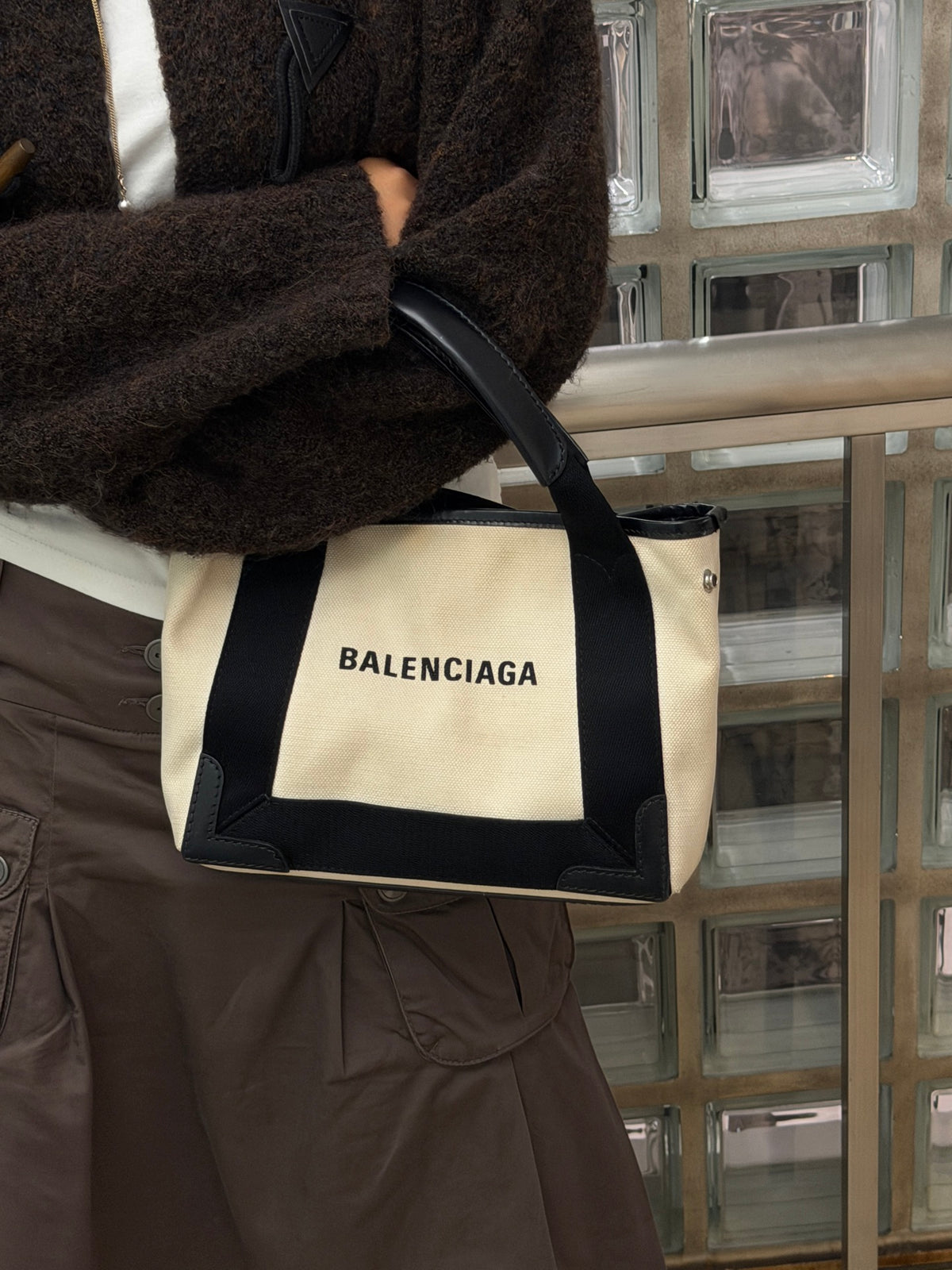 BALENCIAGA Black & White Canvas Navy Cabas XS Tote Bag [Used]