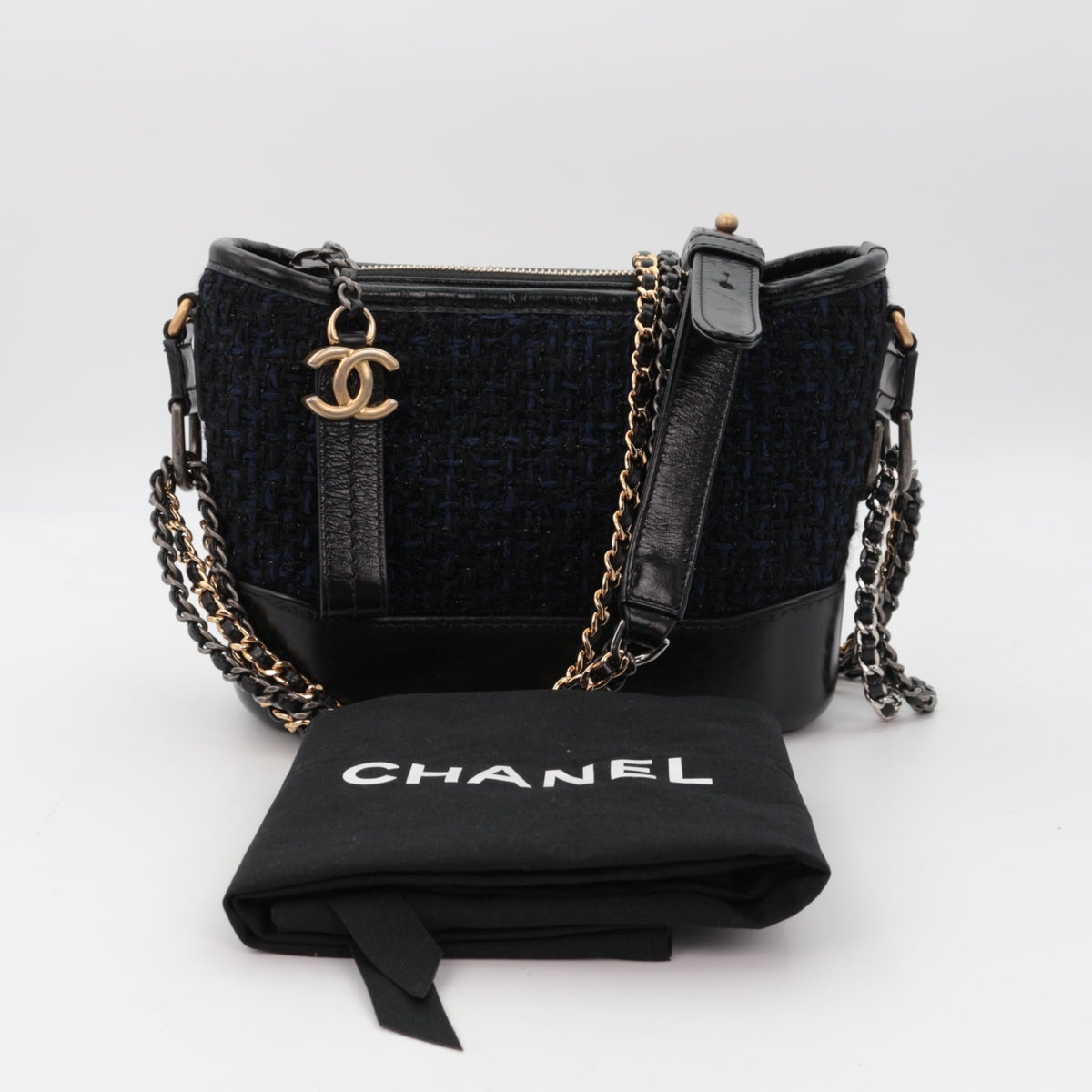 CHANEL Navy Blue & Black Tweed Gabrielle Small Hobo Bag [Used]