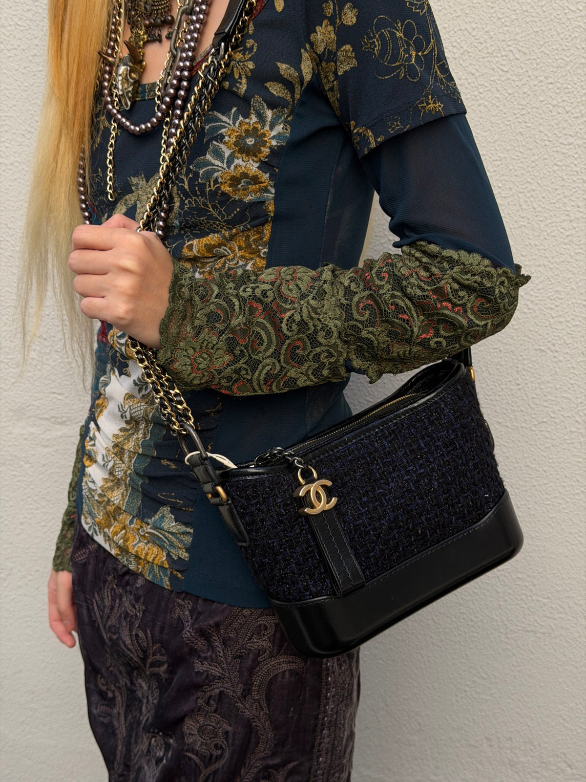 CHANEL Navy Blue & Black Tweed Gabrielle Small Hobo Bag [Used]