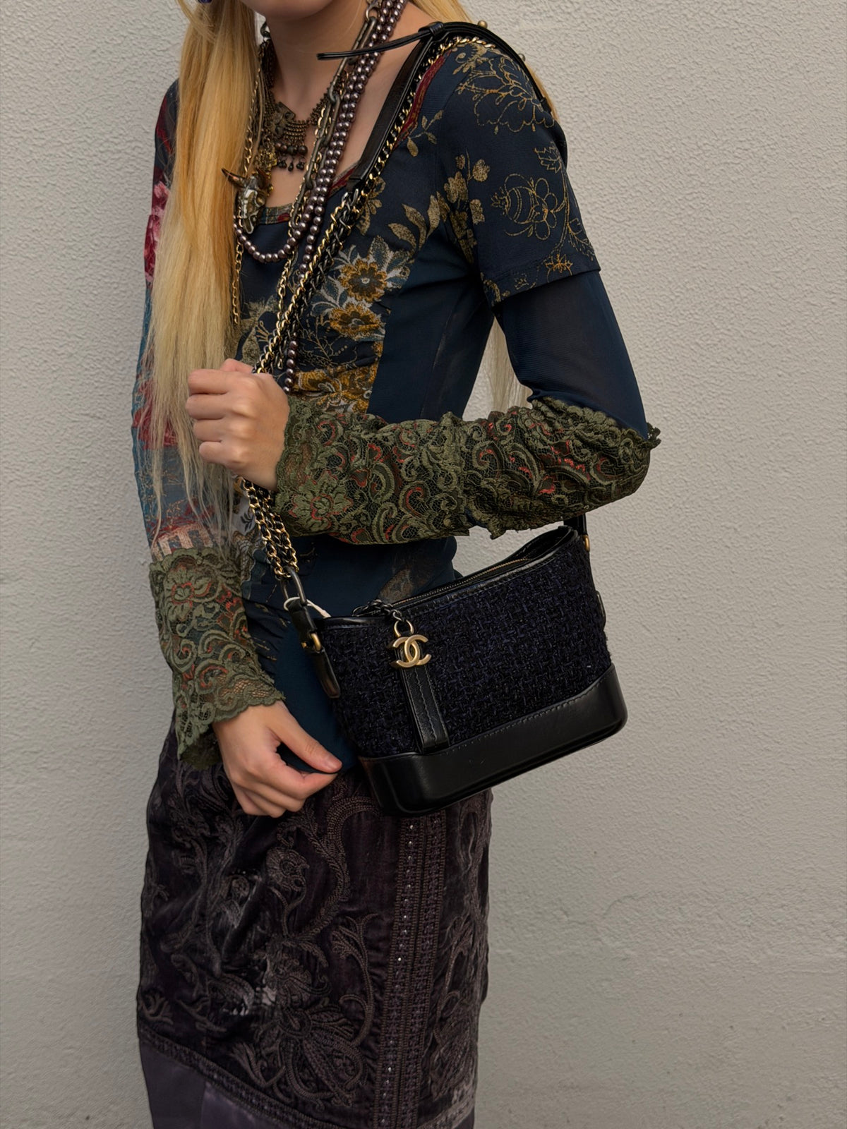 CHANEL Navy Blue & Black Tweed Gabrielle Small Hobo Bag [Used]