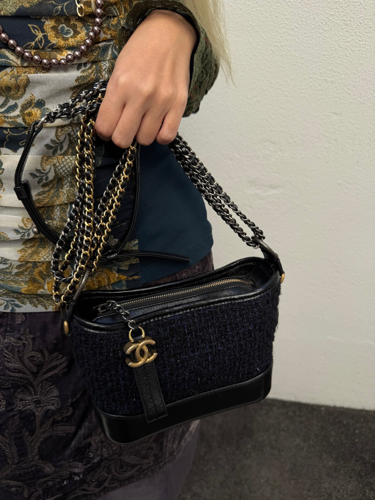CHANEL Navy Blue & Black Tweed Gabrielle Small Hobo Bag [Used]