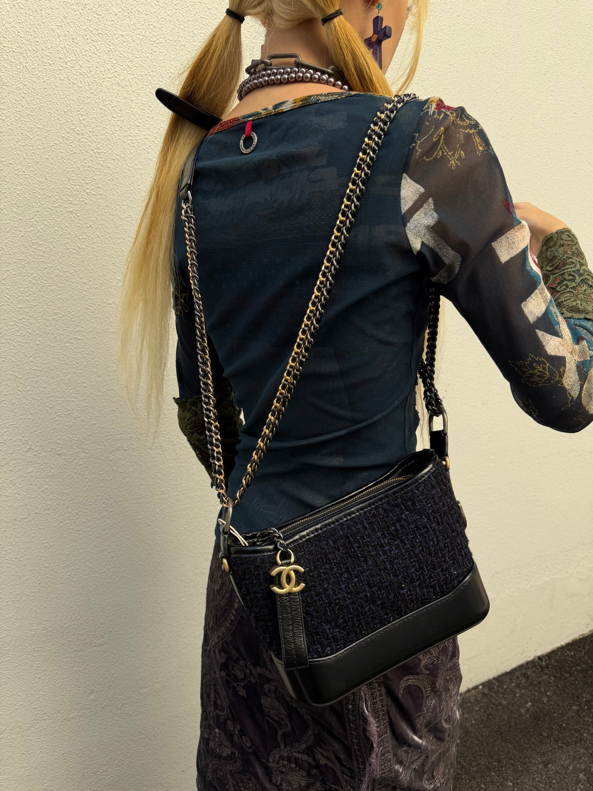 CHANEL Navy Blue & Black Tweed Gabrielle Small Hobo Bag [Used]