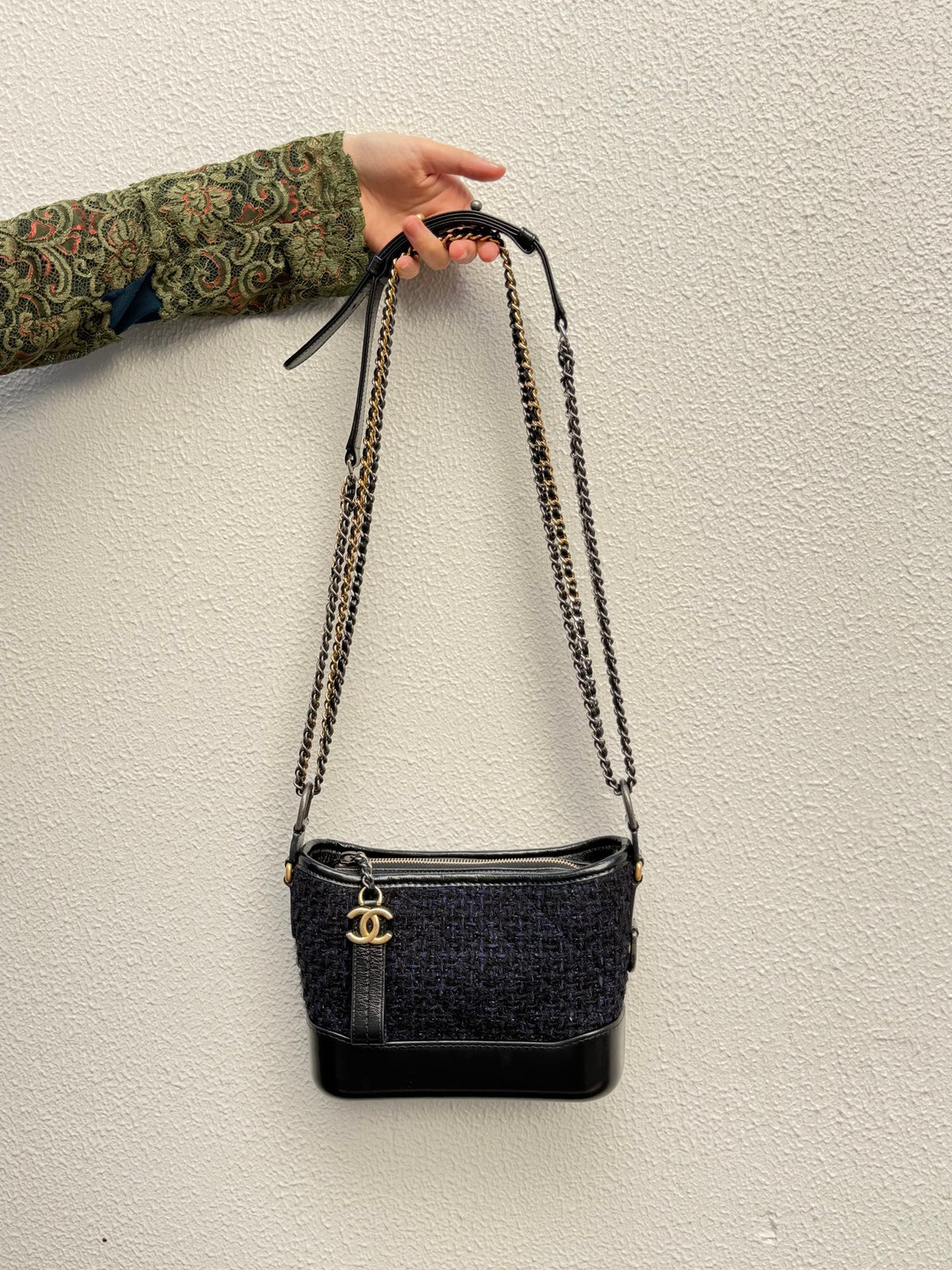CHANEL Navy Blue & Black Tweed Gabrielle Small Hobo Bag [Used]