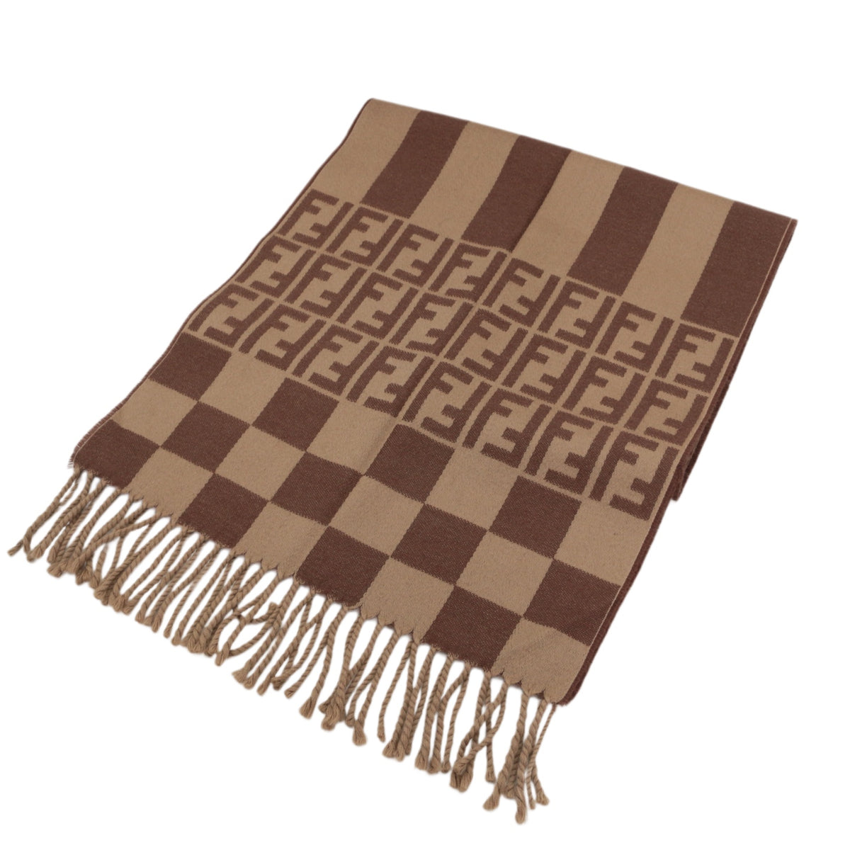 FENDI Brown & Beige Zucca FF Monogram Reversible Wool Muffler [Used]