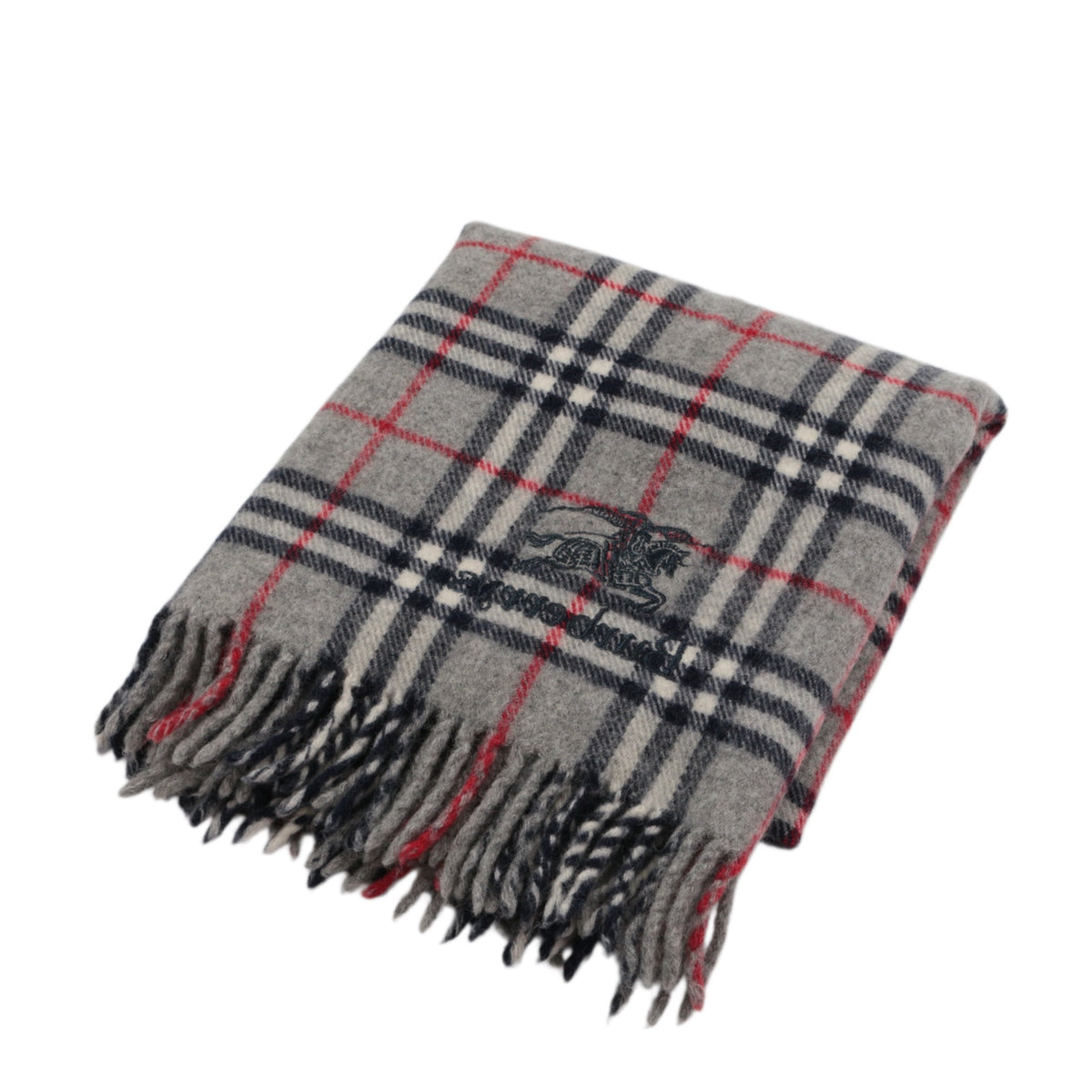 BURBERRY Grey Classic Check Wool Muffler with Equestrian Knight Embroidery [Used]