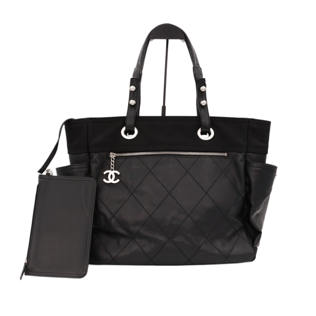 CHANEL Black Quilted Leather & Canvas CC Charm Large Tote Bag with Pouch [Used]