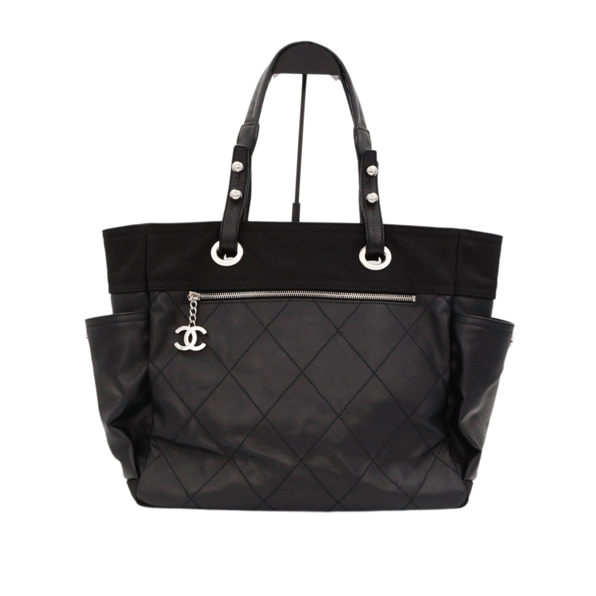 CHANEL Black Quilted Leather & Canvas CC Charm Large Tote Bag with Pouch [Used]