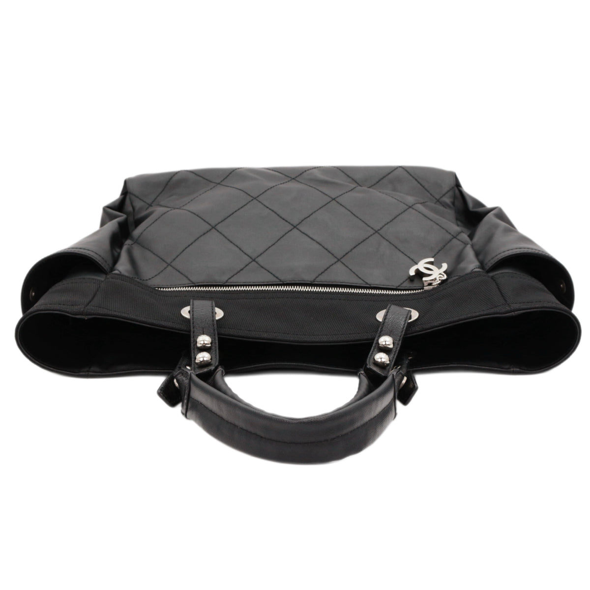 CHANEL Black Quilted Leather & Canvas CC Charm Large Tote Bag with Pouch [Used]