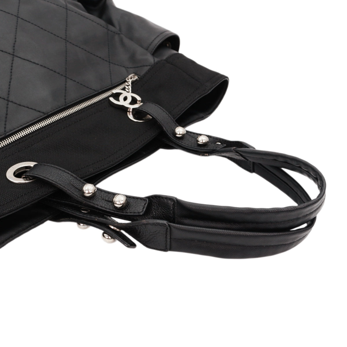 CHANEL Black Quilted Leather & Canvas CC Charm Large Tote Bag with Pouch [Used]