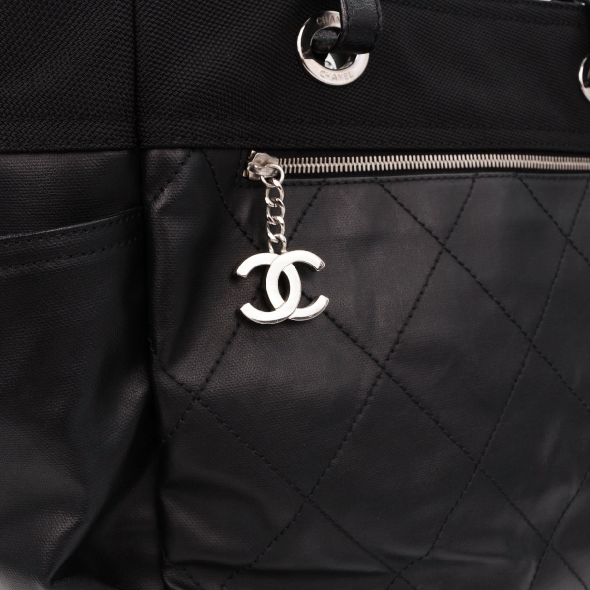 CHANEL Black Quilted Leather & Canvas CC Charm Large Tote Bag with Pouch [Used]