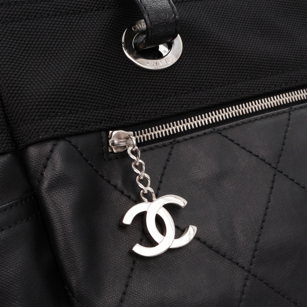 CHANEL Black Quilted Leather & Canvas CC Charm Large Tote Bag with Pouch [Used]
