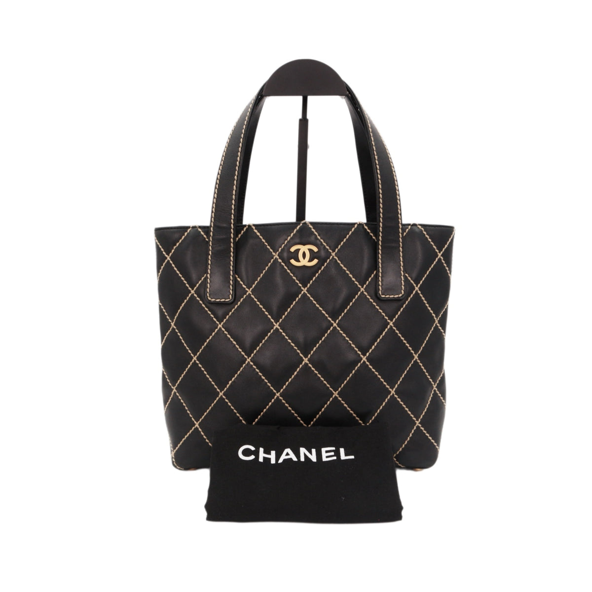 CHANEL Black Calfskin Leather Contrast Stitch Surpique Tote Bag [Used]