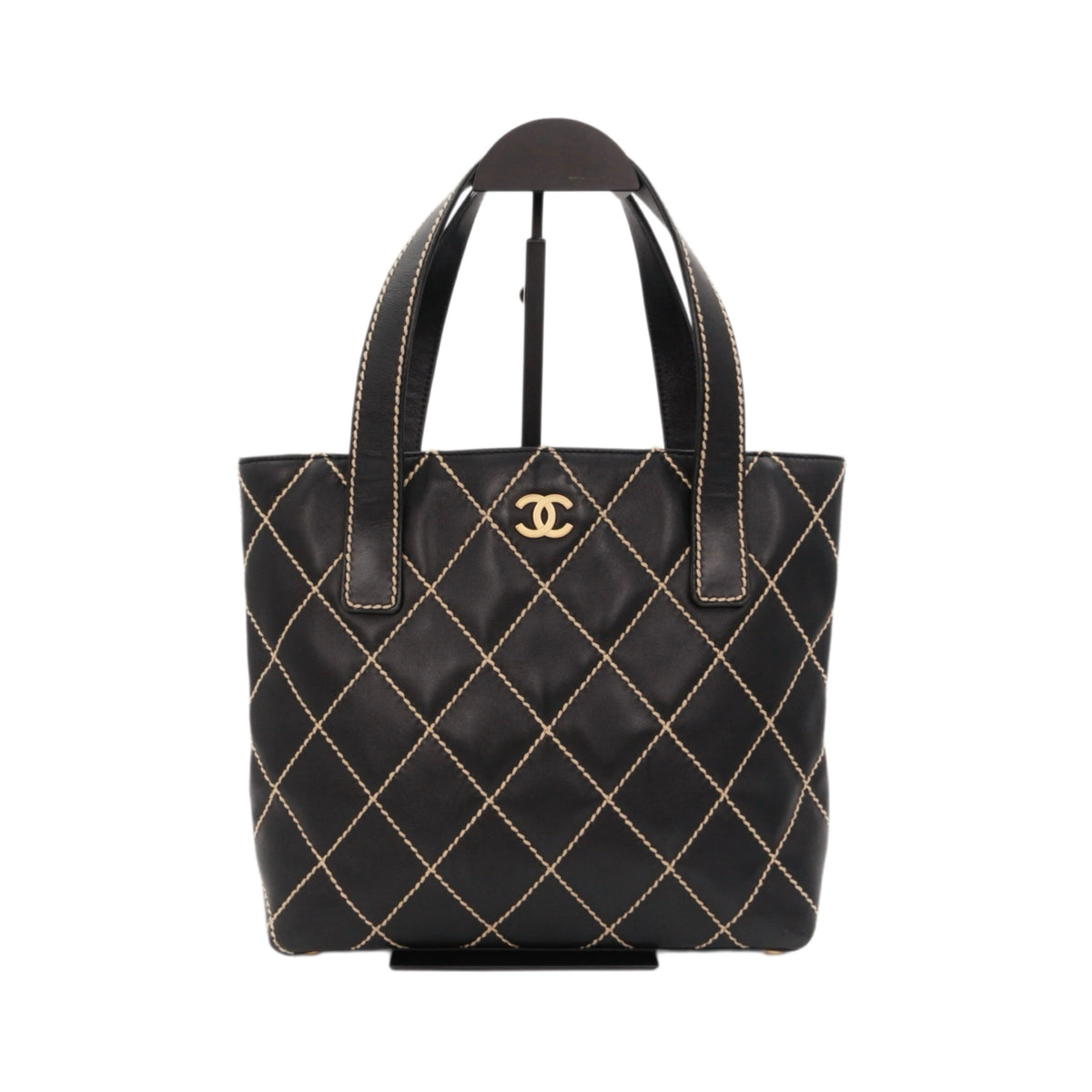 CHANEL Black Calfskin Leather Contrast Stitch Surpique Tote Bag [Used]
