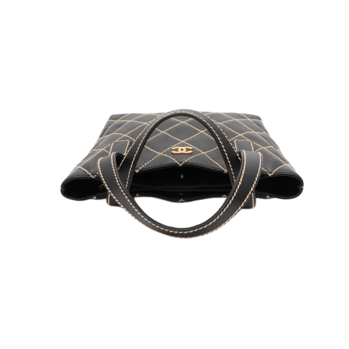 CHANEL Black Calfskin Leather Contrast Stitch Surpique Tote Bag [Used]