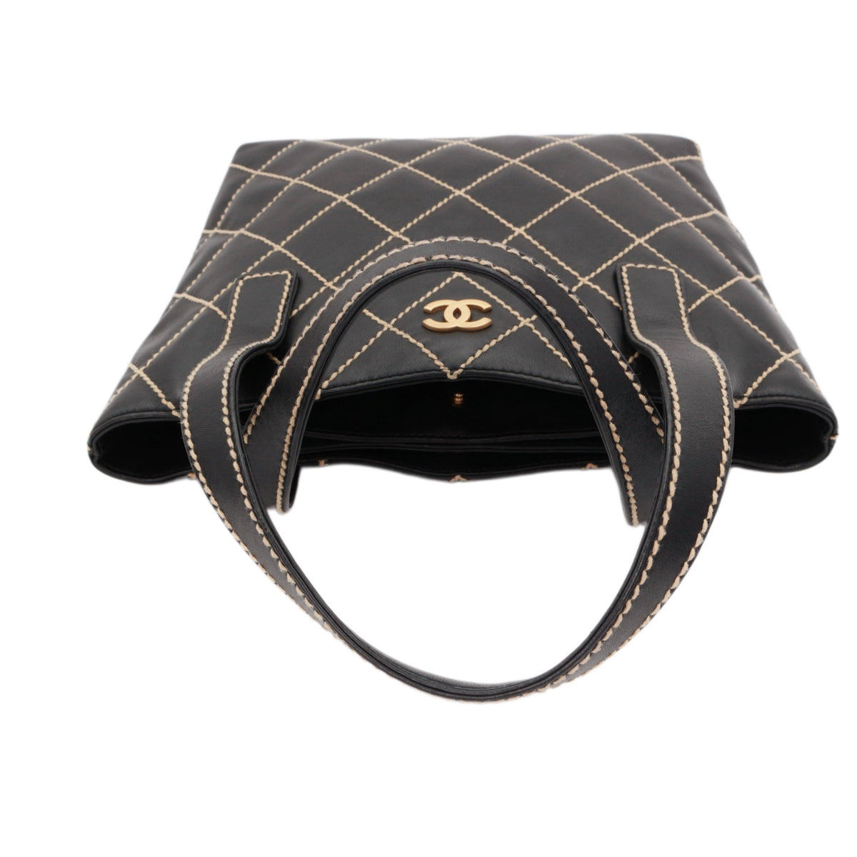 CHANEL Black Calfskin Leather Contrast Stitch Surpique Tote Bag [Used]