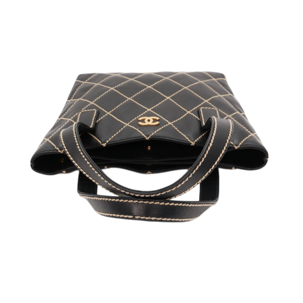 CHANEL Black Calfskin Leather Contrast Stitch Surpique Tote Bag [Used]