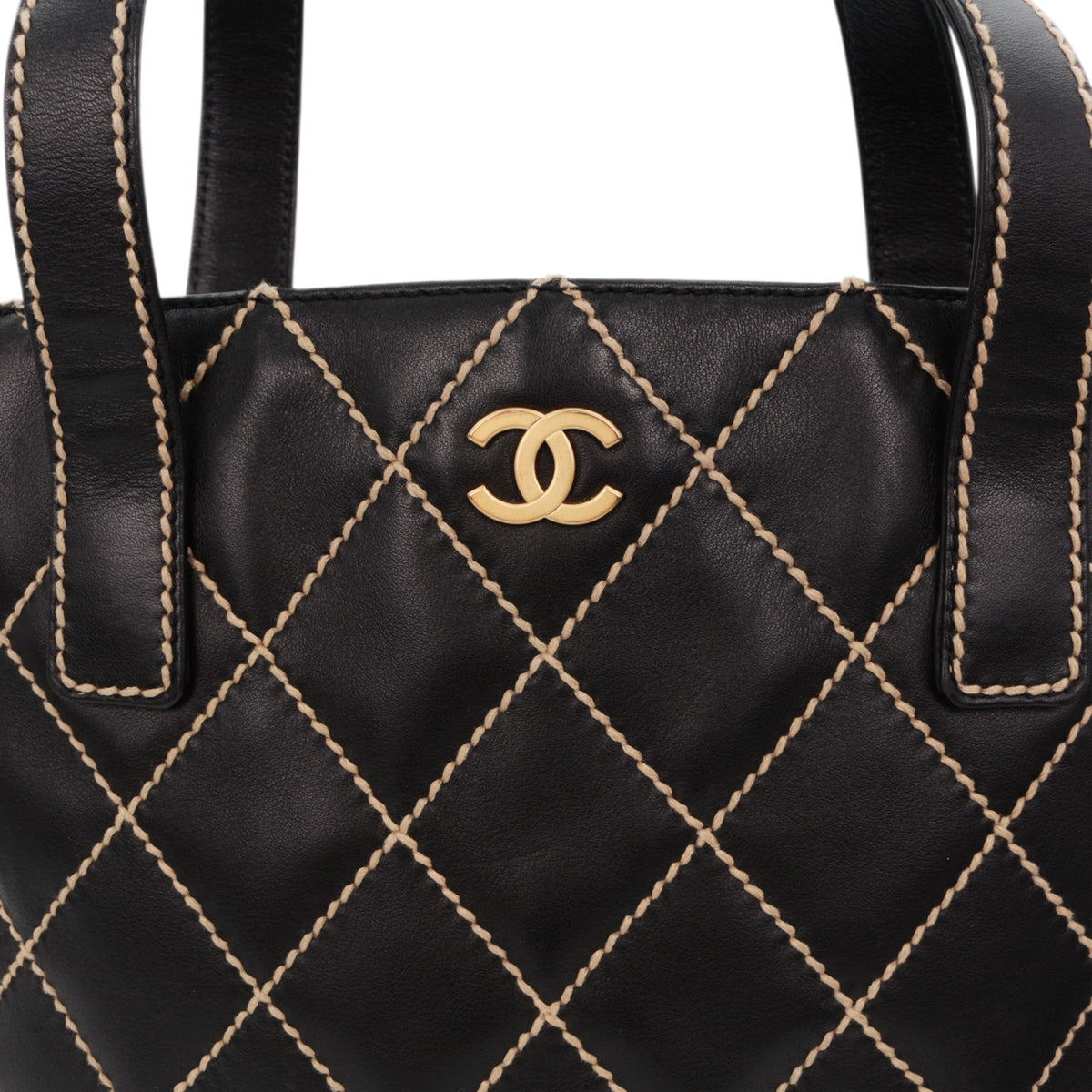 CHANEL Black Calfskin Leather Contrast Stitch Surpique Tote Bag [Used]
