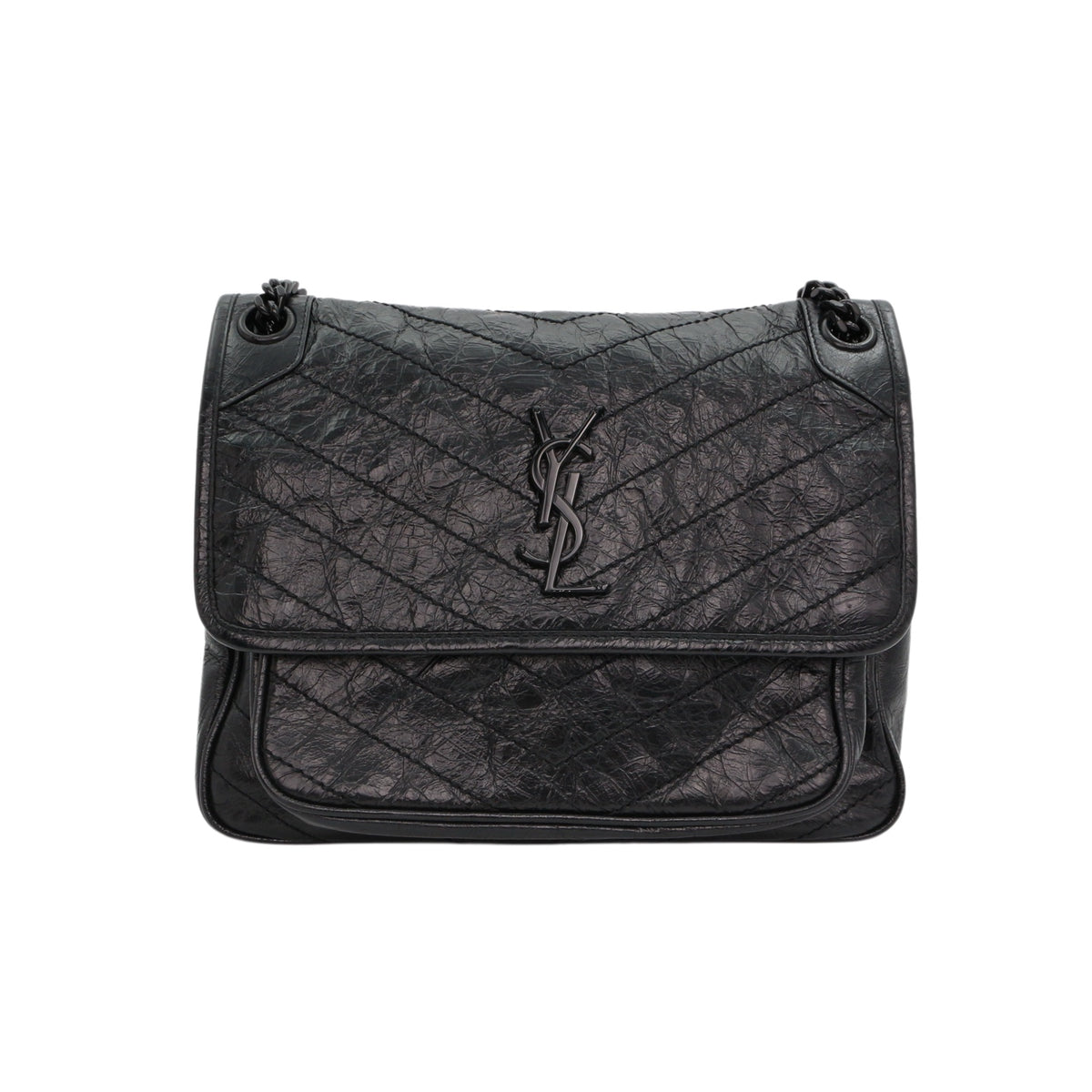 SAINT LAURENT Black Crinkled Calfskin Medium Niki Chain Shoulder Bag [Used]