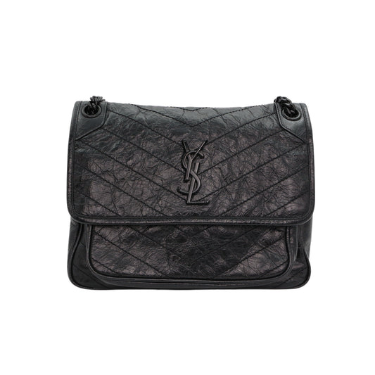 SAINT LAURENT Black Crinkled Calfskin Medium Niki Chain Shoulder Bag [Used]