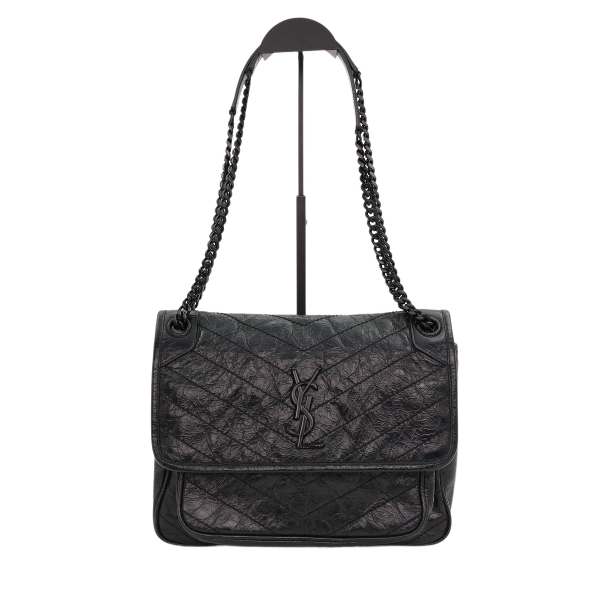 SAINT LAURENT Black Crinkled Calfskin Medium Niki Chain Shoulder Bag [Used]