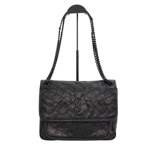 SAINT LAURENT Black Crinkled Calfskin Medium Niki Chain Shoulder Bag [Used]